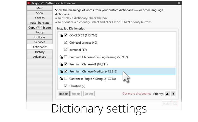 Add/hide/remove dictionaries